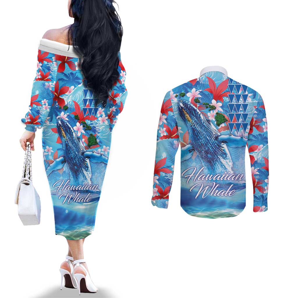 Hawaiian Waves Whale Couples Matching Off The Shoulder Long Sleeve Dress and Long Sleeve Button Shirt Kakau Art and Tropical Red Hibiscus Flowers LT03 - Polynesian Pride