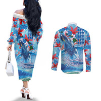 Hawaiian Waves Whale Couples Matching Off The Shoulder Long Sleeve Dress and Long Sleeve Button Shirt Kakau Art and Tropical Red Hibiscus Flowers LT03 - Polynesian Pride