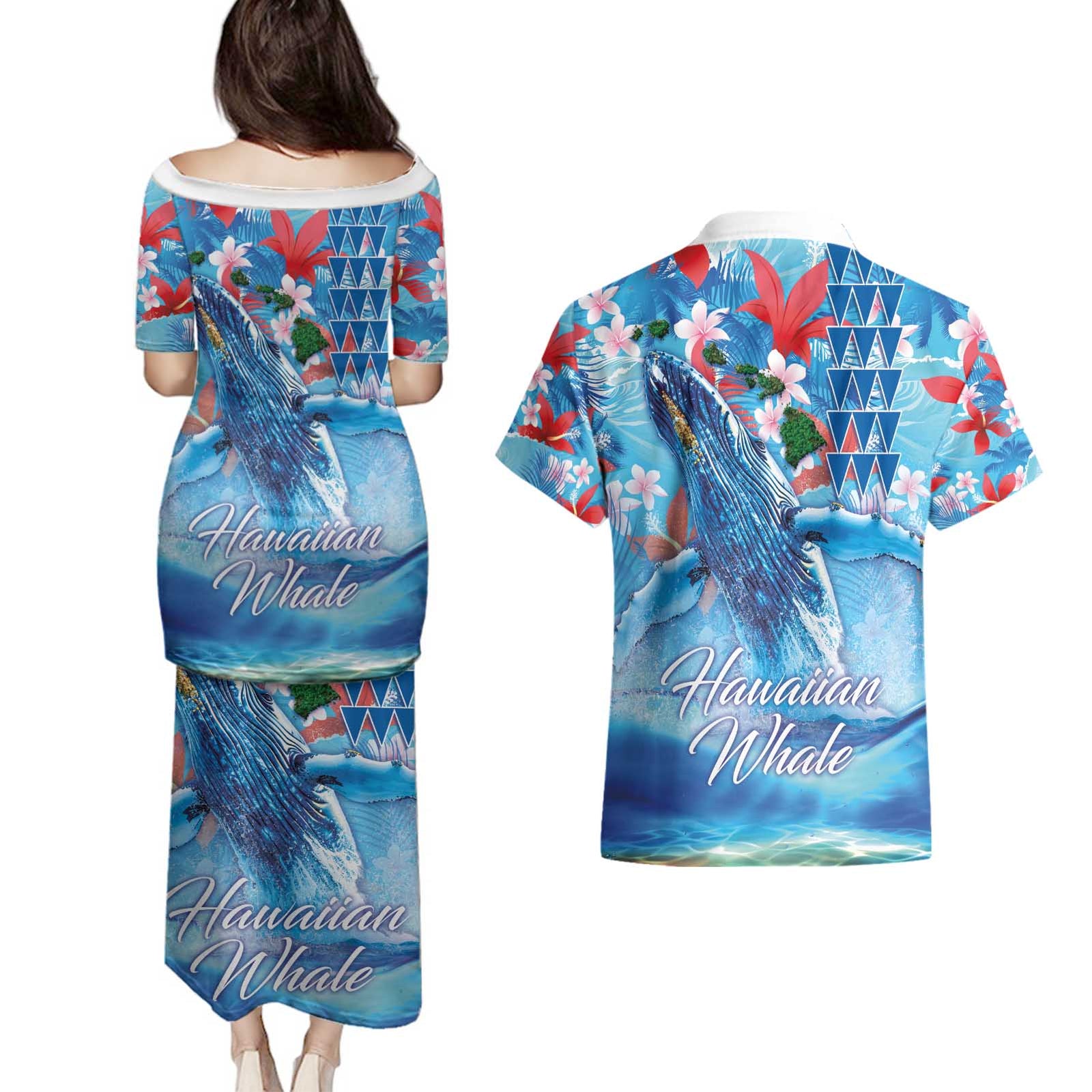 Hawaiian Waves Whale Couples Matching Puletasi and Hawaiian Shirt Kakau Art and Tropical Red Hibiscus Flowers