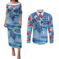 Hawaiian Waves Whale Couples Matching Puletasi and Long Sleeve Button Shirt Kakau Art and Tropical Red Hibiscus Flowers LT03 Blue - Polynesian Pride