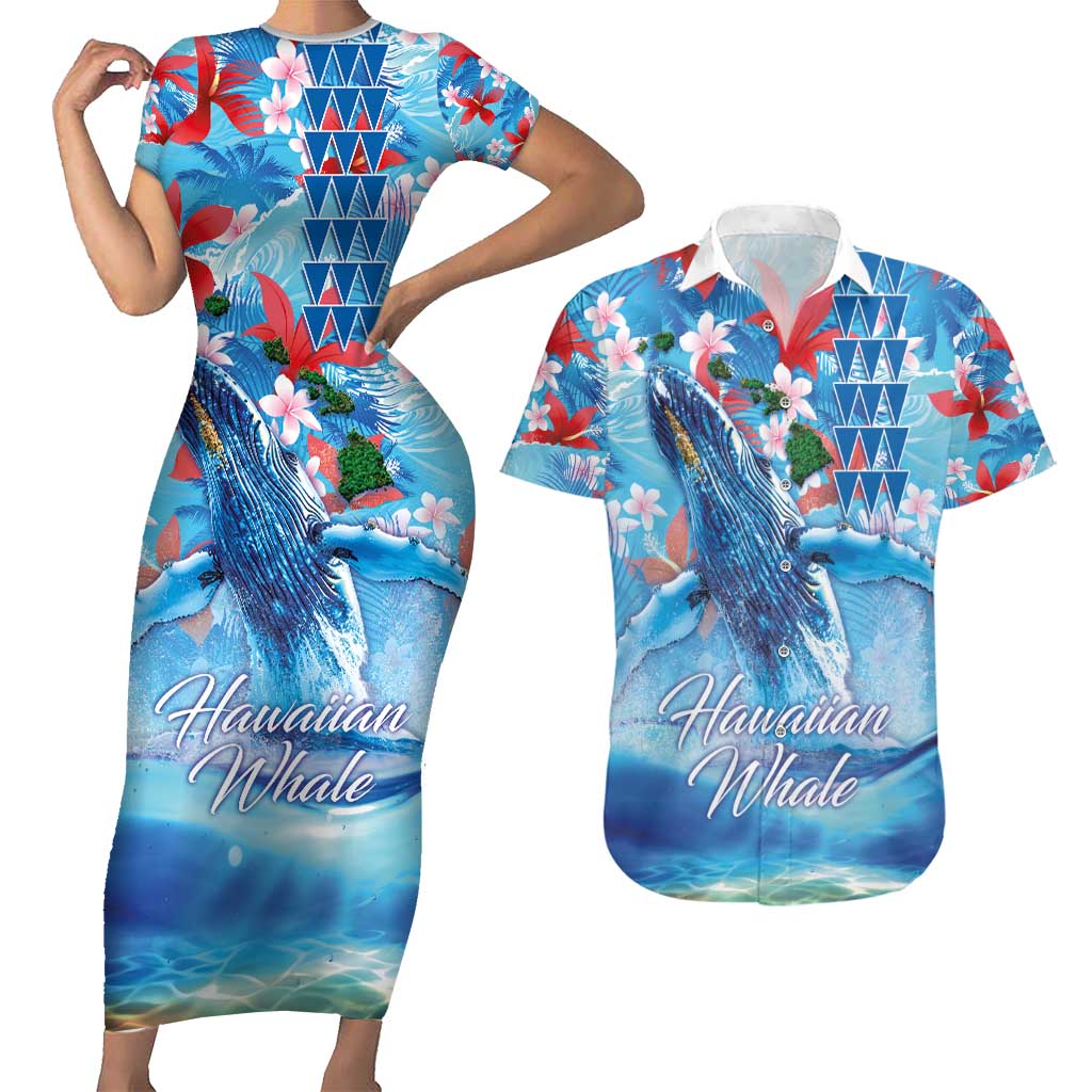 Hawaiian Waves Whale Couples Matching Short Sleeve Bodycon Dress and Hawaiian Shirt Kakau Art and Tropical Red Hibiscus Flowers LT03 Blue - Polynesian Pride