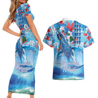 Hawaiian Waves Whale Couples Matching Short Sleeve Bodycon Dress and Hawaiian Shirt Kakau Art and Tropical Red Hibiscus Flowers LT03 - Polynesian Pride