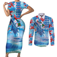 Hawaiian Waves Whale Couples Matching Short Sleeve Bodycon Dress and Long Sleeve Button Shirt Kakau Art and Tropical Red Hibiscus Flowers LT03 Blue - Polynesian Pride