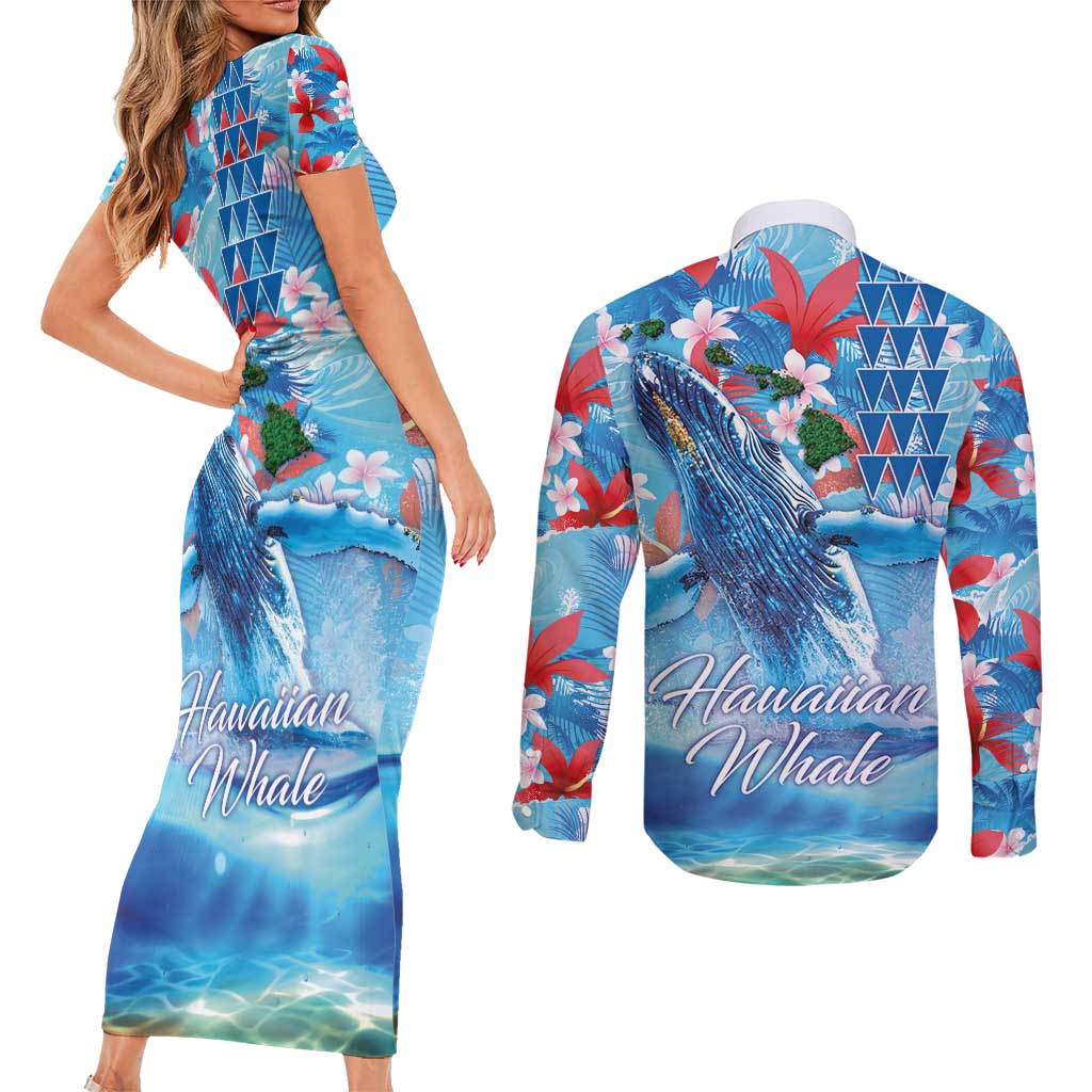 Hawaiian Waves Whale Couples Matching Short Sleeve Bodycon Dress and Long Sleeve Button Shirt Kakau Art and Tropical Red Hibiscus Flowers LT03 - Polynesian Pride