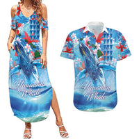 Hawaiian Waves Whale Couples Matching Summer Maxi Dress and Hawaiian Shirt Kakau Art and Tropical Red Hibiscus Flowers LT03 Blue - Polynesian Pride