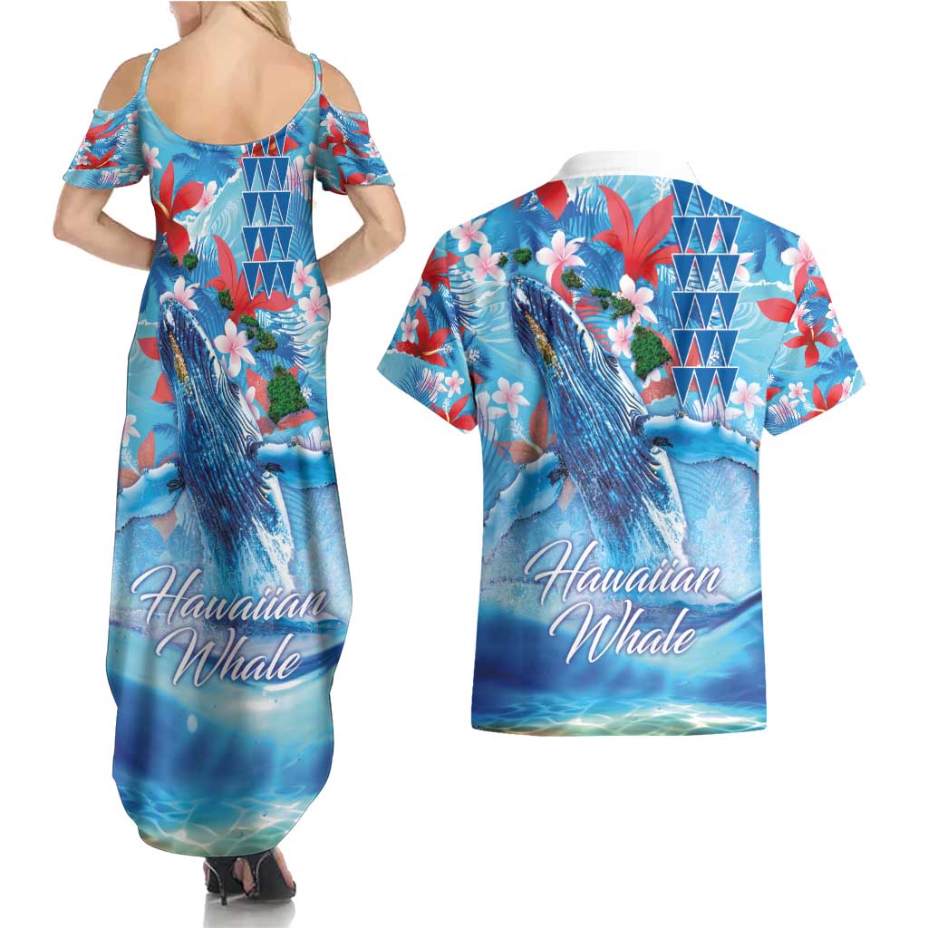 Hawaiian Waves Whale Couples Matching Summer Maxi Dress and Hawaiian Shirt Kakau Art and Tropical Red Hibiscus Flowers LT03 - Polynesian Pride