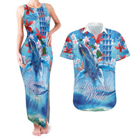 Hawaiian Waves Whale Couples Matching Tank Maxi Dress and Hawaiian Shirt Kakau Art and Tropical Red Hibiscus Flowers LT03 Blue - Polynesian Pride