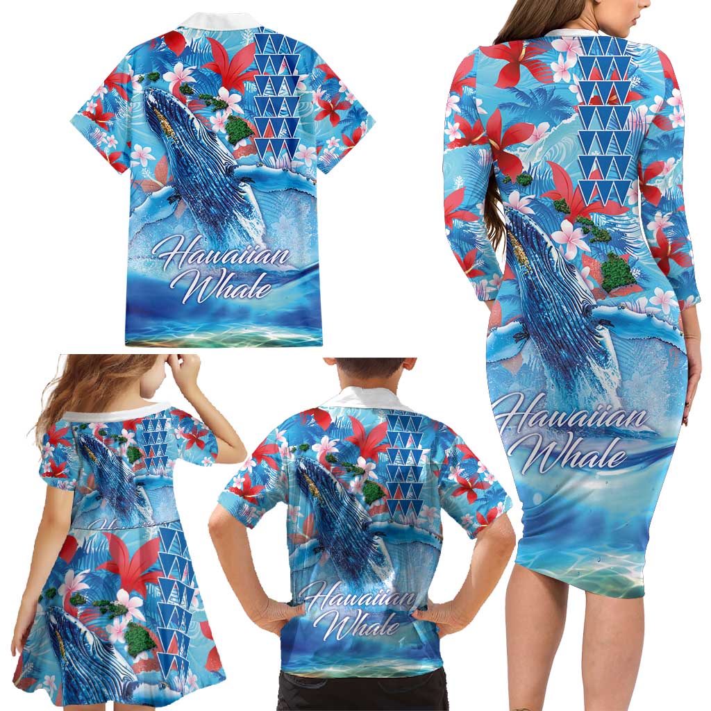 Hawaiian Waves Whale Family Matching Long Sleeve Bodycon Dress and Hawaiian Shirt Kakau Art and Tropical Red Hibiscus Flowers LT03 - Polynesian Pride