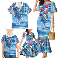 Hawaiian Waves Whale Family Matching Mermaid Dress and Hawaiian Shirt Kakau Art and Tropical Red Hibiscus Flowers LT03 - Polynesian Pride
