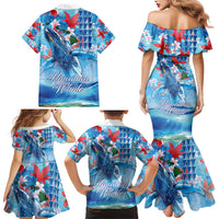 Hawaiian Waves Whale Family Matching Mermaid Dress and Hawaiian Shirt Kakau Art and Tropical Red Hibiscus Flowers LT03 - Polynesian Pride