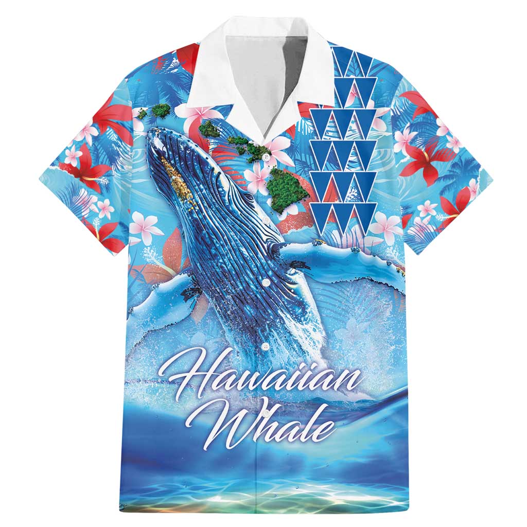 Hawaiian Waves Whale Family Matching Mermaid Dress and Hawaiian Shirt Kakau Art and Tropical Red Hibiscus Flowers LT03 Dad's Shirt - Short Sleeve Blue - Polynesian Pride