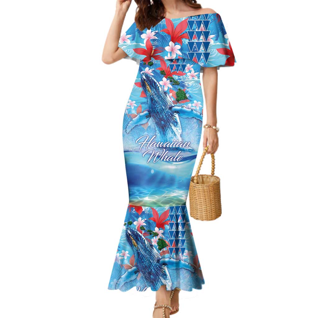 Hawaiian Waves Whale Family Matching Mermaid Dress and Hawaiian Shirt Kakau Art and Tropical Red Hibiscus Flowers LT03 Mom's Dress Blue - Polynesian Pride