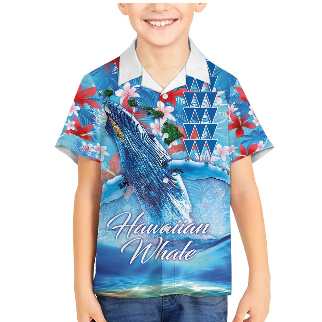 Hawaiian Waves Whale Family Matching Mermaid Dress and Hawaiian Shirt Kakau Art and Tropical Red Hibiscus Flowers LT03 Son's Shirt Blue - Polynesian Pride