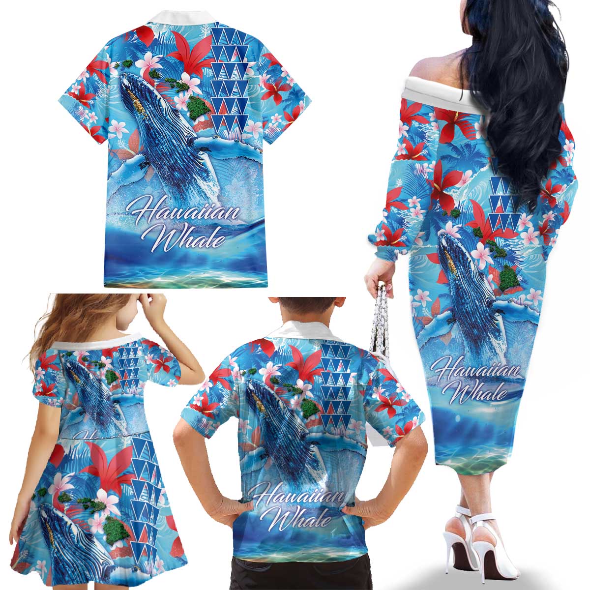 Hawaiian Waves Whale Family Matching Off The Shoulder Long Sleeve Dress and Hawaiian Shirt Kakau Art and Tropical Red Hibiscus Flowers LT03 - Polynesian Pride