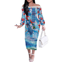 Hawaiian Waves Whale Family Matching Off The Shoulder Long Sleeve Dress and Hawaiian Shirt Kakau Art and Tropical Red Hibiscus Flowers LT03 Mom's Dress Blue - Polynesian Pride