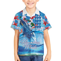 Hawaiian Waves Whale Family Matching Off The Shoulder Long Sleeve Dress and Hawaiian Shirt Kakau Art and Tropical Red Hibiscus Flowers LT03 Son's Shirt Blue - Polynesian Pride