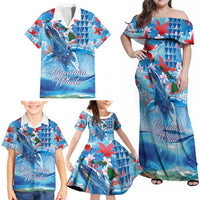 Hawaiian Waves Whale Family Matching Off Shoulder Maxi Dress and Hawaiian Shirt Kakau Art and Tropical Red Hibiscus Flowers LT03 - Polynesian Pride