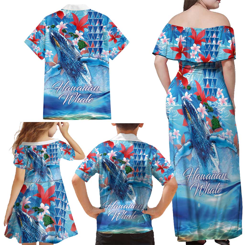 Hawaiian Waves Whale Family Matching Off Shoulder Maxi Dress and Hawaiian Shirt Kakau Art and Tropical Red Hibiscus Flowers LT03 - Polynesian Pride