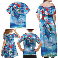 Hawaiian Waves Whale Family Matching Off Shoulder Maxi Dress and Hawaiian Shirt Kakau Art and Tropical Red Hibiscus Flowers LT03 - Polynesian Pride