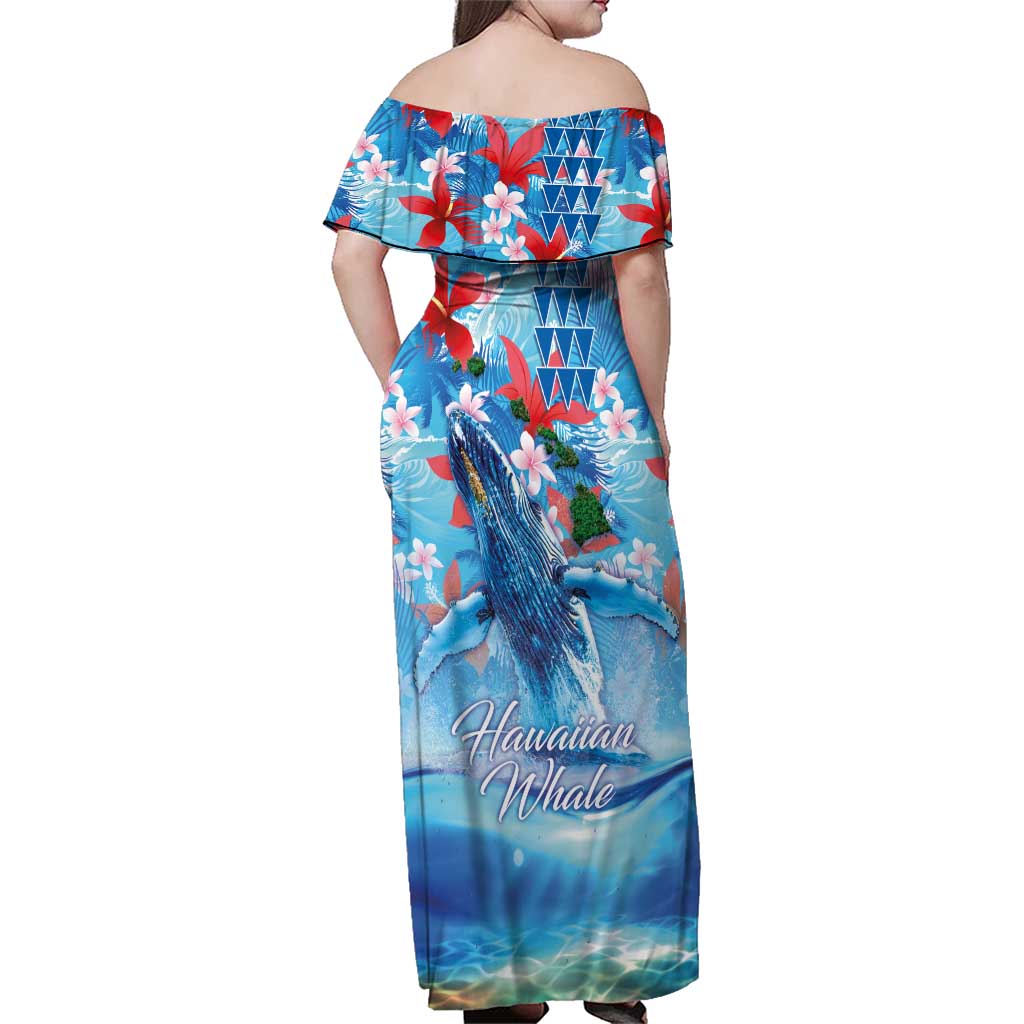 Hawaiian Waves Whale Family Matching Off Shoulder Maxi Dress and Hawaiian Shirt Kakau Art and Tropical Red Hibiscus Flowers LT03 - Polynesian Pride