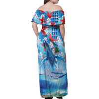 Hawaiian Waves Whale Family Matching Off Shoulder Maxi Dress and Hawaiian Shirt Kakau Art and Tropical Red Hibiscus Flowers LT03 - Polynesian Pride