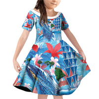Hawaiian Waves Whale Family Matching Off Shoulder Short Dress and Hawaiian Shirt Kakau Art and Tropical Red Hibiscus Flowers LT03 Daughter's Dress Blue - Polynesian Pride