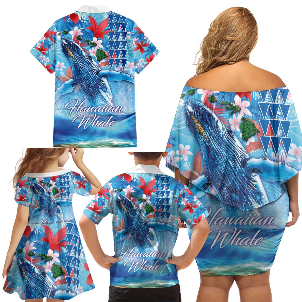 Hawaiian Waves Whale Family Matching Off Shoulder Short Dress and Hawaiian Shirt Kakau Art and Tropical Red Hibiscus Flowers LT03 - Polynesian Pride