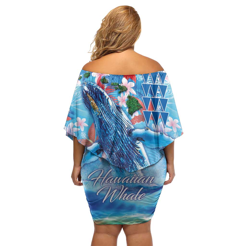 Hawaiian Waves Whale Family Matching Off Shoulder Short Dress and Hawaiian Shirt Kakau Art and Tropical Red Hibiscus Flowers LT03 - Polynesian Pride