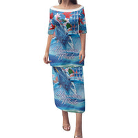 Hawaiian Waves Whale Family Matching Puletasi and Hawaiian Shirt Kakau Art and Tropical Red Hibiscus Flowers LT03 Mom's Dress Blue - Polynesian Pride