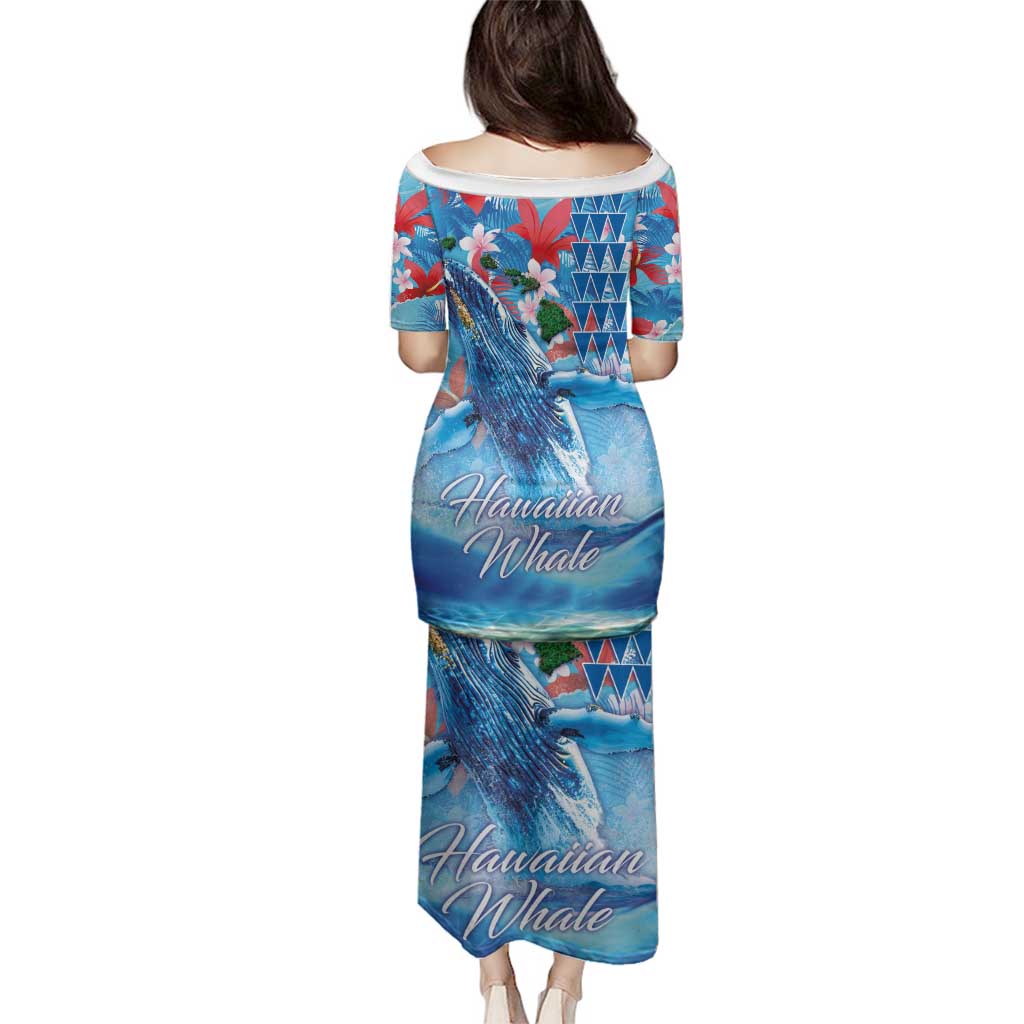 Hawaiian Waves Whale Family Matching Puletasi and Hawaiian Shirt Kakau Art and Tropical Red Hibiscus Flowers LT03 - Polynesian Pride