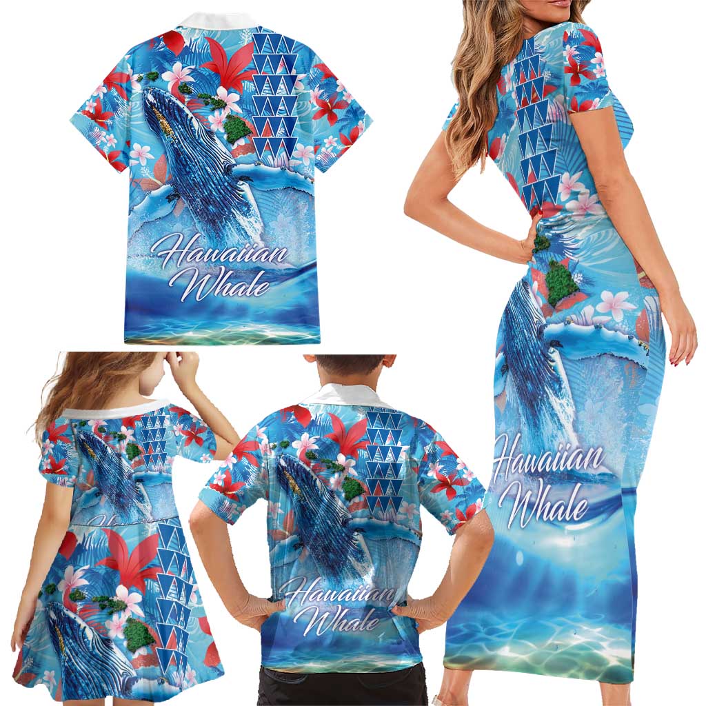Hawaiian Waves Whale Family Matching Short Sleeve Bodycon Dress and Hawaiian Shirt Kakau Art and Tropical Red Hibiscus Flowers LT03 - Polynesian Pride