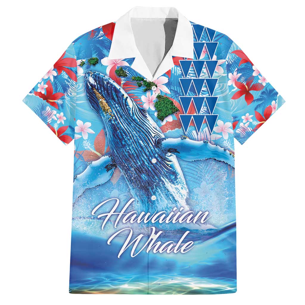 Hawaiian Waves Whale Family Matching Short Sleeve Bodycon Dress and Hawaiian Shirt Kakau Art and Tropical Red Hibiscus Flowers LT03 Dad's Shirt - Short Sleeve Blue - Polynesian Pride