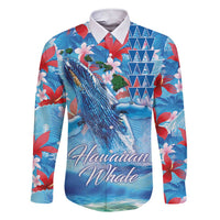 Hawaiian Waves Whale Family Matching Short Sleeve Bodycon Dress and Hawaiian Shirt Kakau Art and Tropical Red Hibiscus Flowers LT03 Dad's Shirt - Long Sleeve Blue - Polynesian Pride