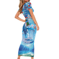 Hawaiian Waves Whale Family Matching Short Sleeve Bodycon Dress and Hawaiian Shirt Kakau Art and Tropical Red Hibiscus Flowers LT03 - Polynesian Pride