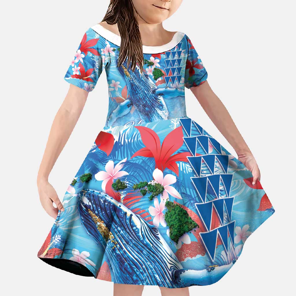 Hawaiian Waves Whale Family Matching Summer Maxi Dress and Hawaiian Shirt Kakau Art and Tropical Red Hibiscus Flowers LT03 Daughter's Dress Blue - Polynesian Pride