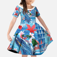 Hawaiian Waves Whale Family Matching Summer Maxi Dress and Hawaiian Shirt Kakau Art and Tropical Red Hibiscus Flowers LT03 Daughter's Dress Blue - Polynesian Pride