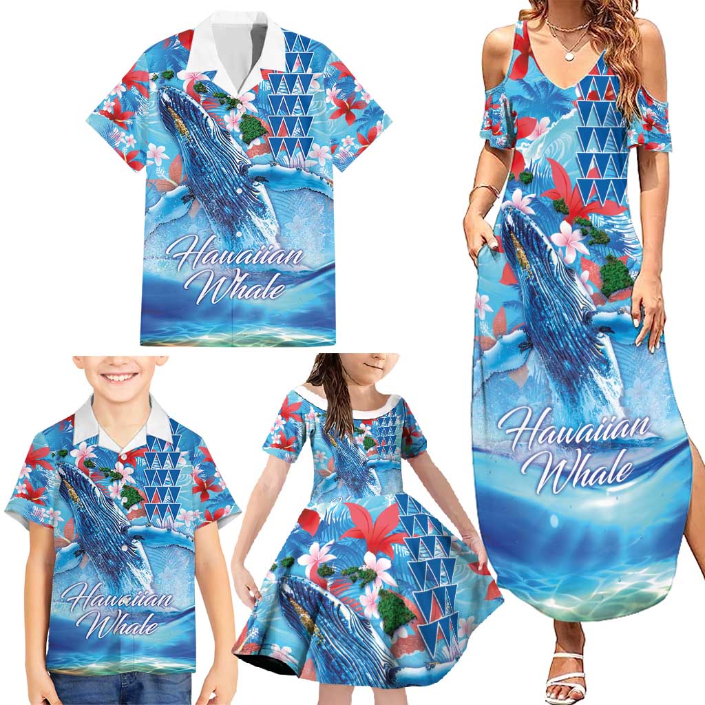 Hawaiian Waves Whale Family Matching Summer Maxi Dress and Hawaiian Shirt Kakau Art and Tropical Red Hibiscus Flowers LT03 - Polynesian Pride