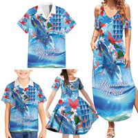 Hawaiian Waves Whale Family Matching Summer Maxi Dress and Hawaiian Shirt Kakau Art and Tropical Red Hibiscus Flowers LT03 - Polynesian Pride