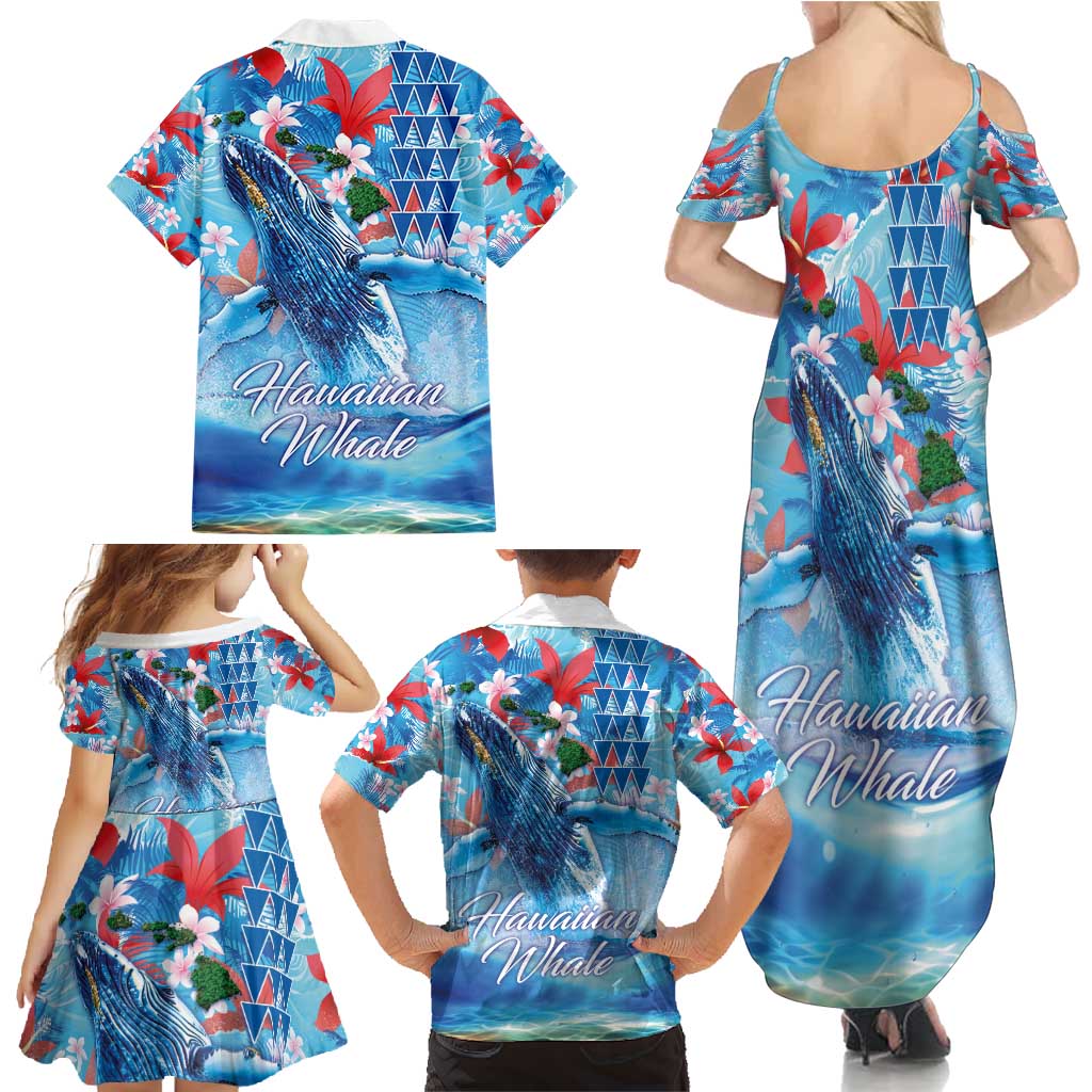 Hawaiian Waves Whale Family Matching Summer Maxi Dress and Hawaiian Shirt Kakau Art and Tropical Red Hibiscus Flowers LT03 - Polynesian Pride