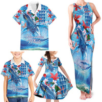 Hawaiian Waves Whale Family Matching Tank Maxi Dress and Hawaiian Shirt Kakau Art and Tropical Red Hibiscus Flowers LT03 - Polynesian Pride