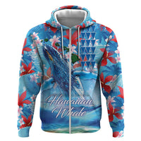 Hawaiian Waves Whale Hoodie Kakau Art and Tropical Red Hibiscus Flowers LT03 Zip Hoodie Blue - Polynesian Pride
