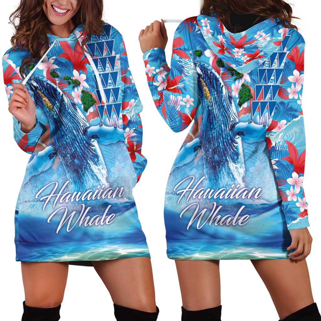 Hawaiian Waves Whale Hoodie Dress Kakau Art and Tropical Red Hibiscus Flowers LT03 - Polynesian Pride