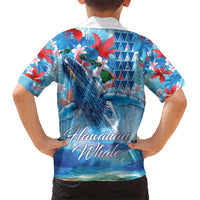 Hawaiian Waves Whale Kid Hawaiian Shirt Kakau Art and Tropical Red Hibiscus Flowers LT03 - Polynesian Pride