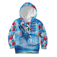 Hawaiian Waves Whale Kid Hoodie Kakau Art and Tropical Red Hibiscus Flowers LT03 Hoodie Blue - Polynesian Pride
