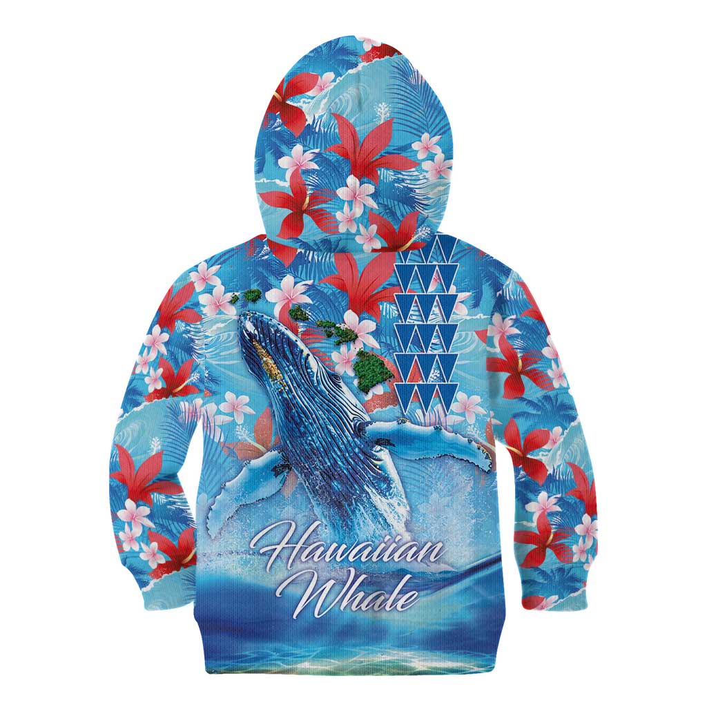 Hawaiian Waves Whale Kid Hoodie Kakau Art and Tropical Red Hibiscus Flowers LT03 - Polynesian Pride
