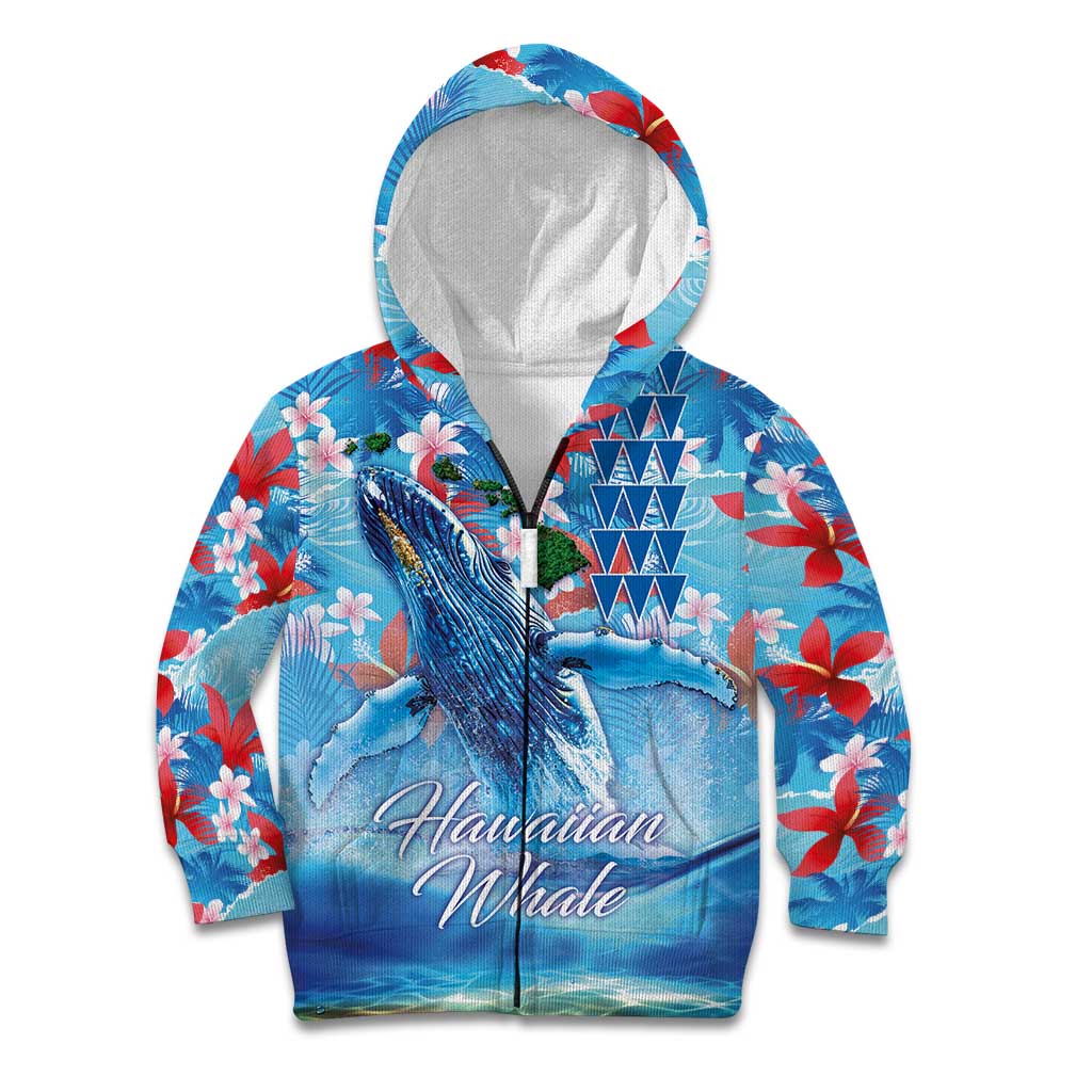 Hawaiian Waves Whale Kid Hoodie Kakau Art and Tropical Red Hibiscus Flowers LT03 Zip Hoodie Blue - Polynesian Pride
