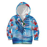 Hawaiian Waves Whale Kid Hoodie Kakau Art and Tropical Red Hibiscus Flowers LT03 Zip Hoodie Blue - Polynesian Pride