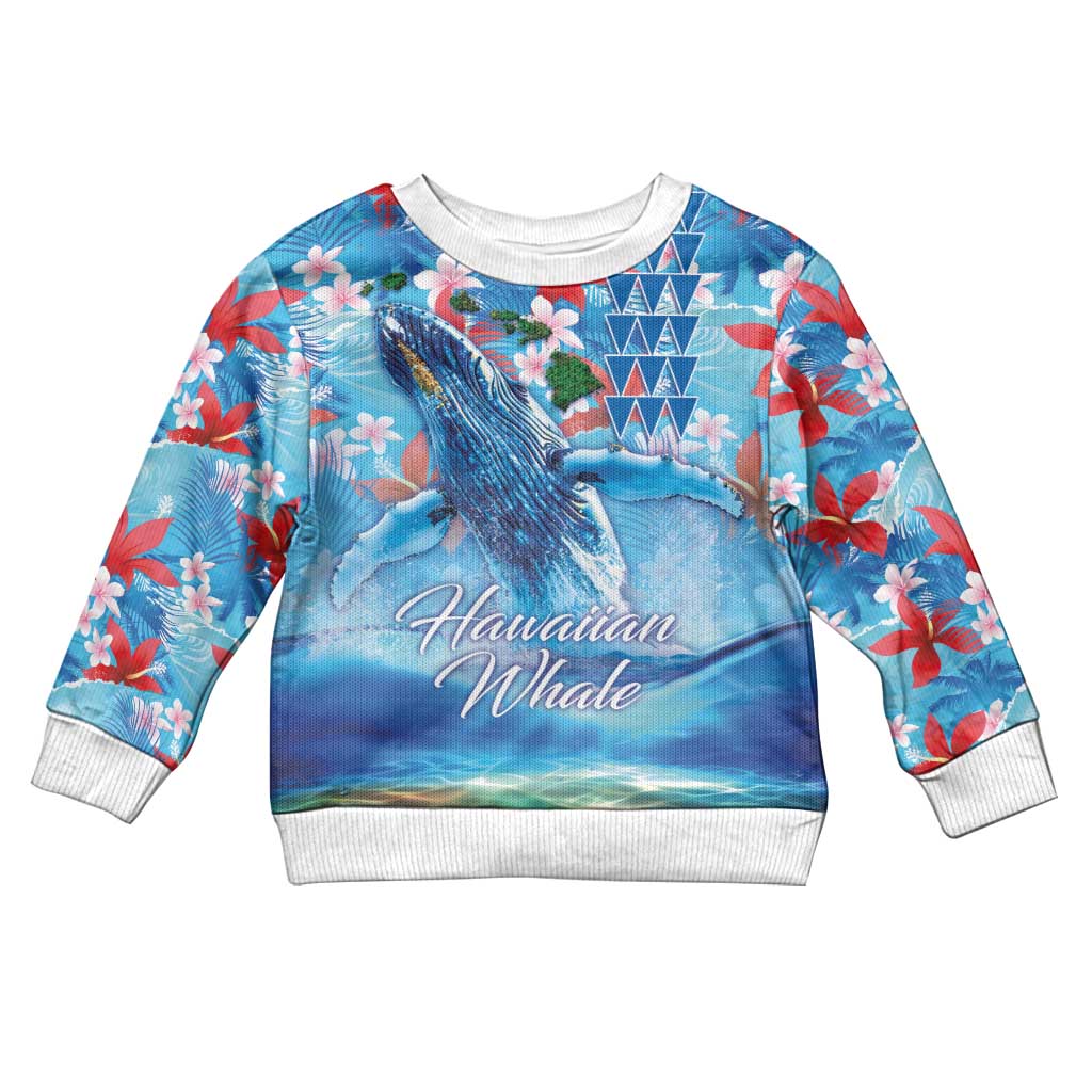 Hawaiian Waves Whale Kid Ugly Christmas Sweater Kakau Art and Tropical Red Hibiscus Flowers LT03 Kid Blue - Polynesian Pride