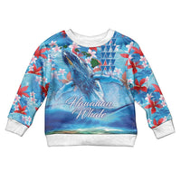 Hawaiian Waves Whale Kid Ugly Christmas Sweater Kakau Art and Tropical Red Hibiscus Flowers LT03 Kid Blue - Polynesian Pride