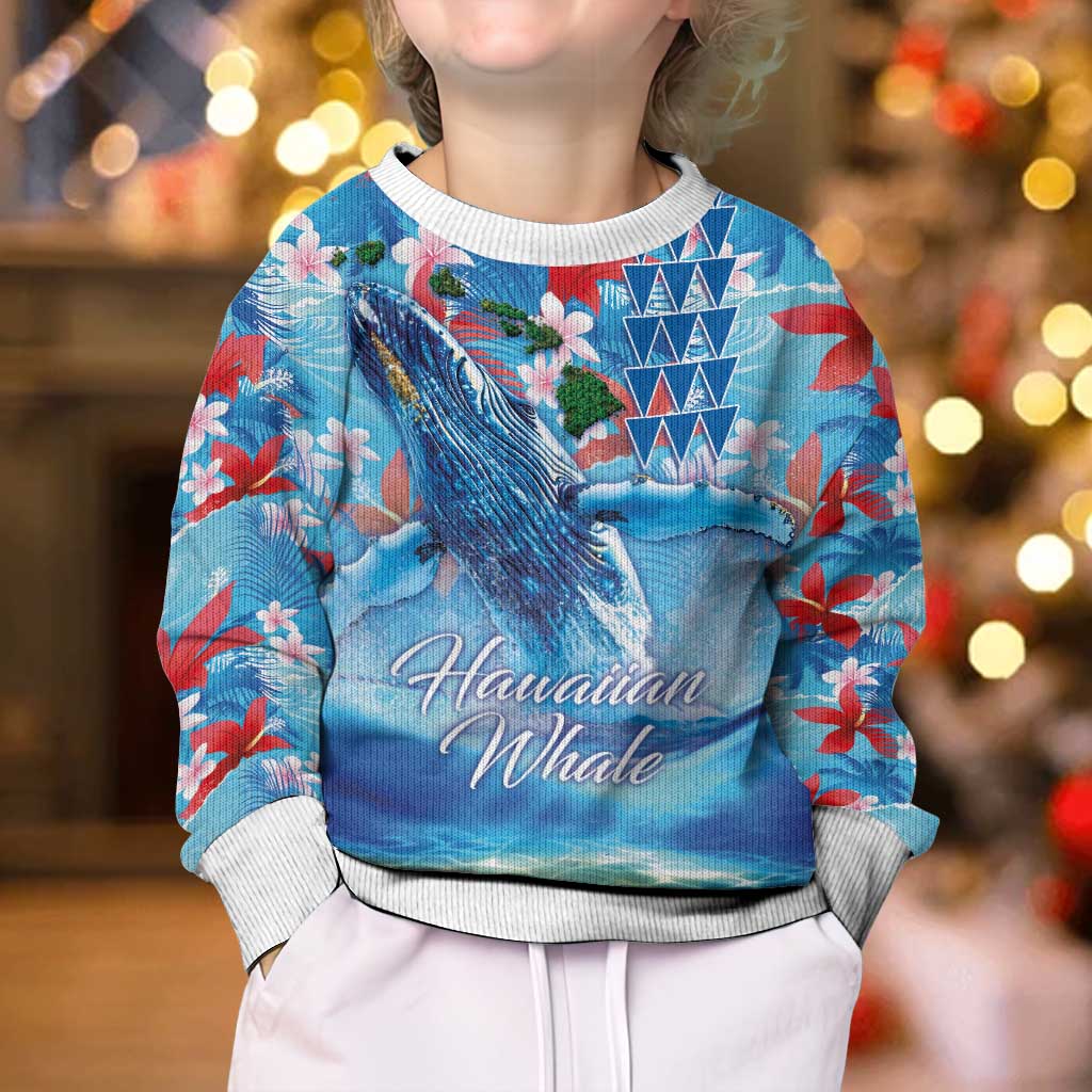Hawaiian Waves Whale Kid Ugly Christmas Sweater Kakau Art and Tropical Red Hibiscus Flowers LT03 - Polynesian Pride